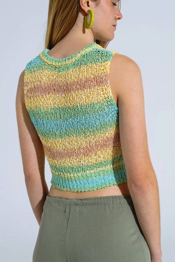 Knitted Multicolor Sleeveless Sweater with Stripes and Crew Neckline-Sweater-Q2-One Size-Green-Urbanheer