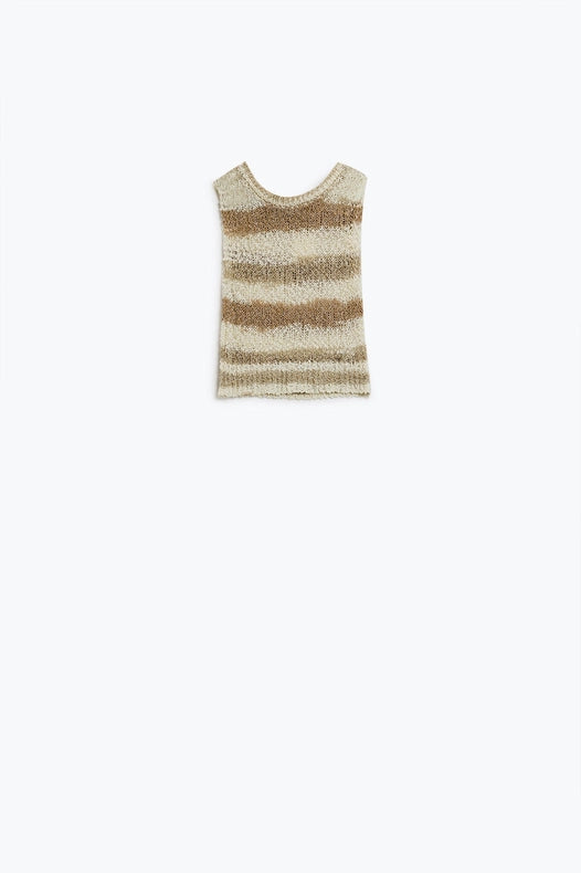 Knitted Tints of Beige Sleeveless Sweater with Stripes and Crew Neckline-Sweater-Q2-One Size-Beige-Urbanheer