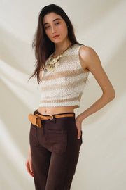 Knitted Tints of Beige Sleeveless Sweater with Stripes and Crew Neckline-Sweater-Q2-One Size-Beige-Urbanheer