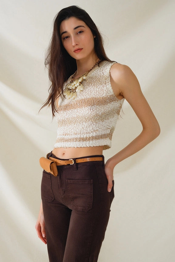 Knitted Tints of Beige Sleeveless Sweater with Stripes and Crew Neckline-Sweater-Q2-One Size-Beige-Urbanheer