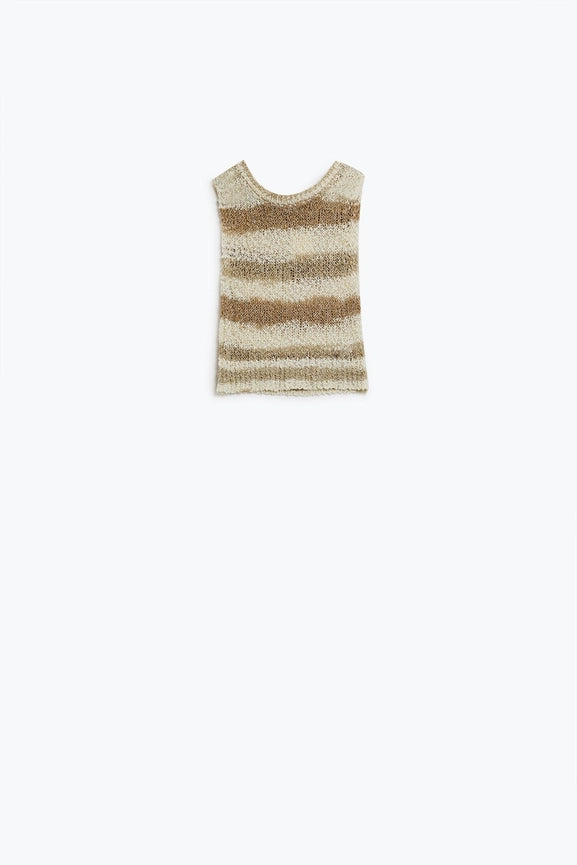 Knitted Tints of Beige Sleeveless Sweater with Stripes and Crew Neckline-Sweater-Q2-One Size-Beige-Urbanheer