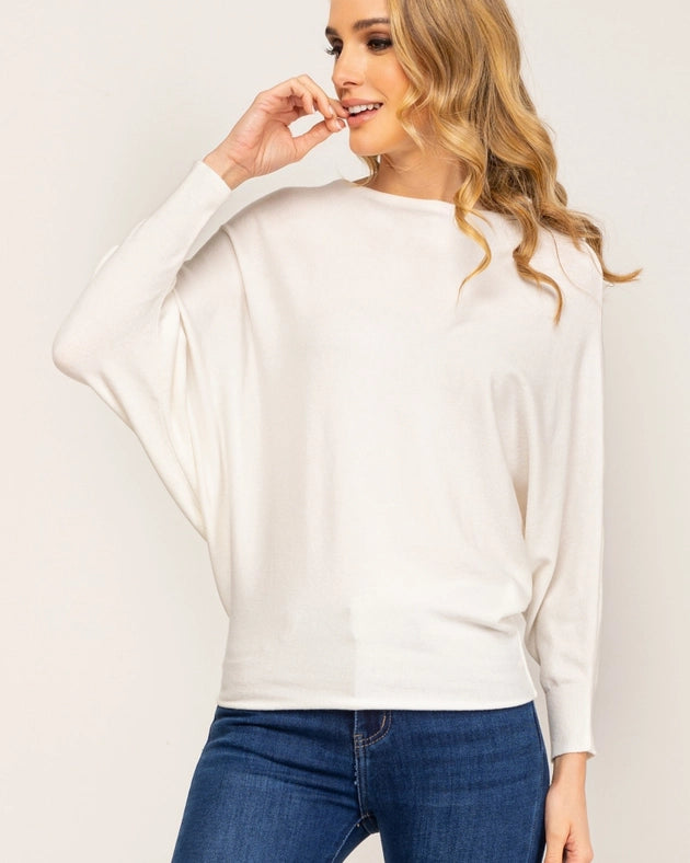 Knitted sweater with boat neck and bat sleeve-Sweater-Tantra-M-WHITE-Urbanheer