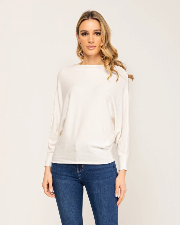 Knitted sweater with boat neck and bat sleeve-Sweater-Tantra-M-WHITE-Urbanheer