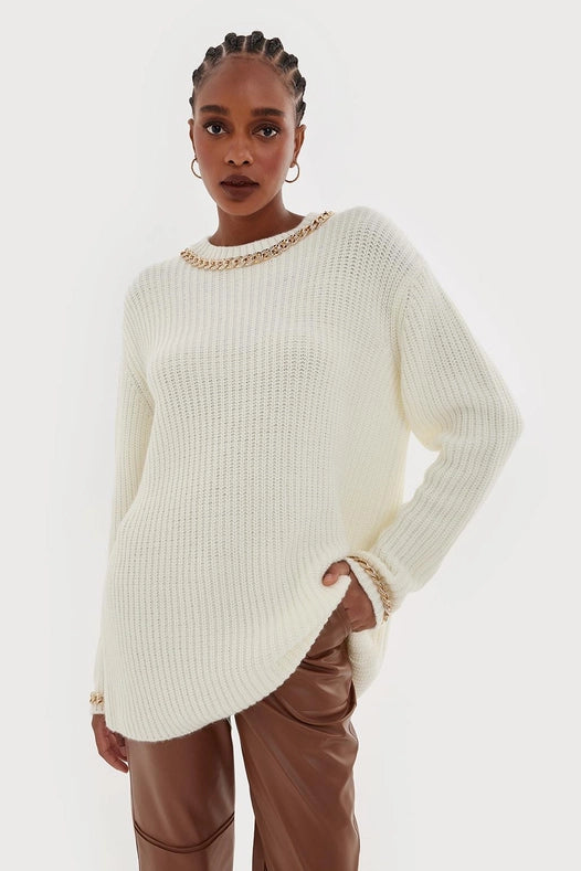 Knitwear Sweater With Chain Embroidery Ecru-Sweater-Kadriye Baştürk-1-Urbanheer