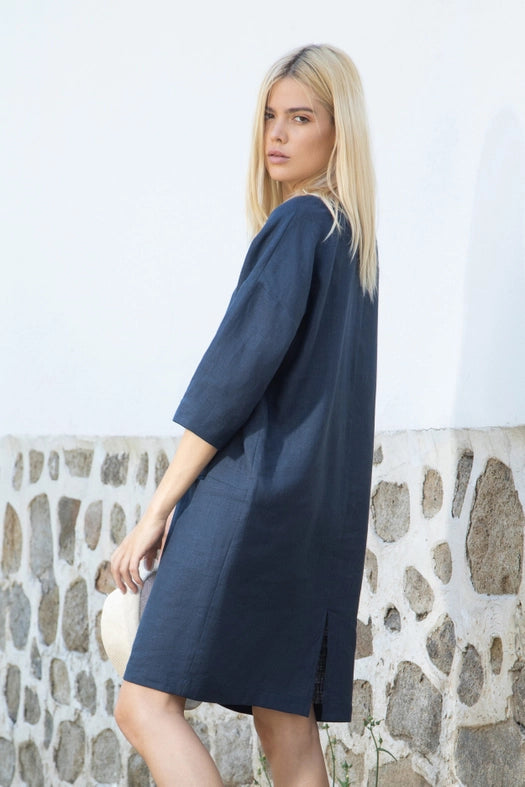 Kyoto Boat Neck Linen Oversized Dress-Dress-Truly Linen-XS-navy-Urbanheer