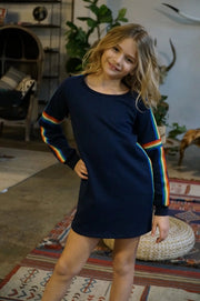 L/S A-Line Dress w/ Lurex Rainbow Trim Detail At Sleeves-Dress-Hannah Banana-7-NAVY-Urbanheer