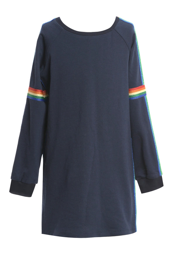 L/S A-Line Dress w/ Lurex Rainbow Trim Detail At Sleeves-Dress-Hannah Banana-7-NAVY-Urbanheer