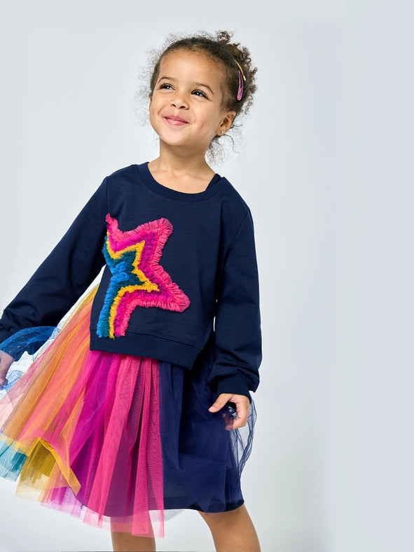 L/S Twofer Dress with Rainbow Mesh Star Detail and Tutu Mesh-Dress-Hannah Banana-12M-NAVY MULTI-Urbanheer