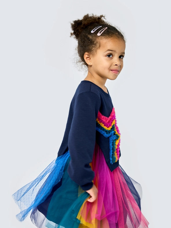 L/S Twofer Dress with Rainbow Mesh Star Detail and Tutu Mesh-Dress-Hannah Banana-12M-NAVY MULTI-Urbanheer