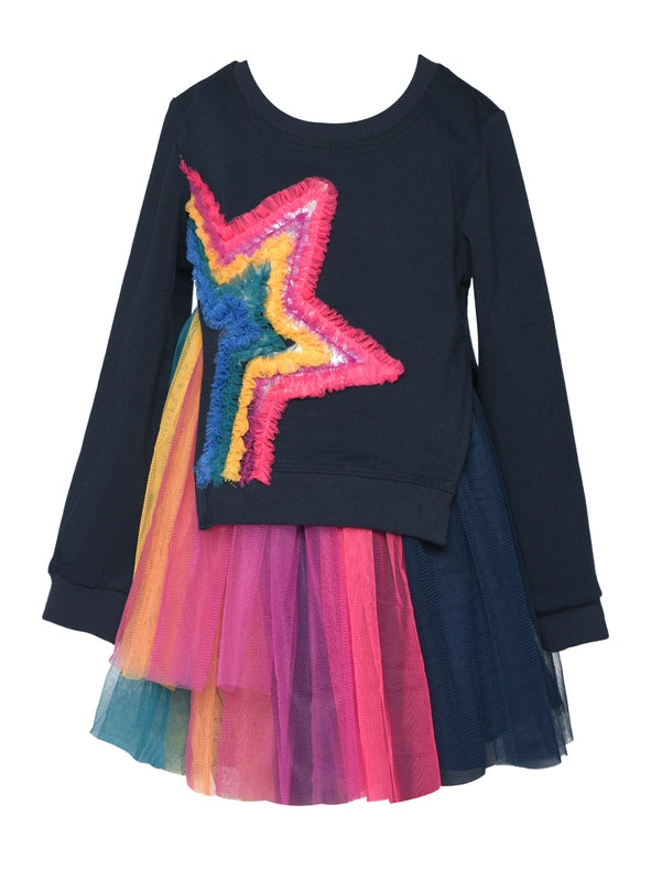 L/S Twofer Dress with Rainbow Mesh Star Detail and Tutu Mesh-Dress-Hannah Banana-12M-NAVY MULTI-Urbanheer