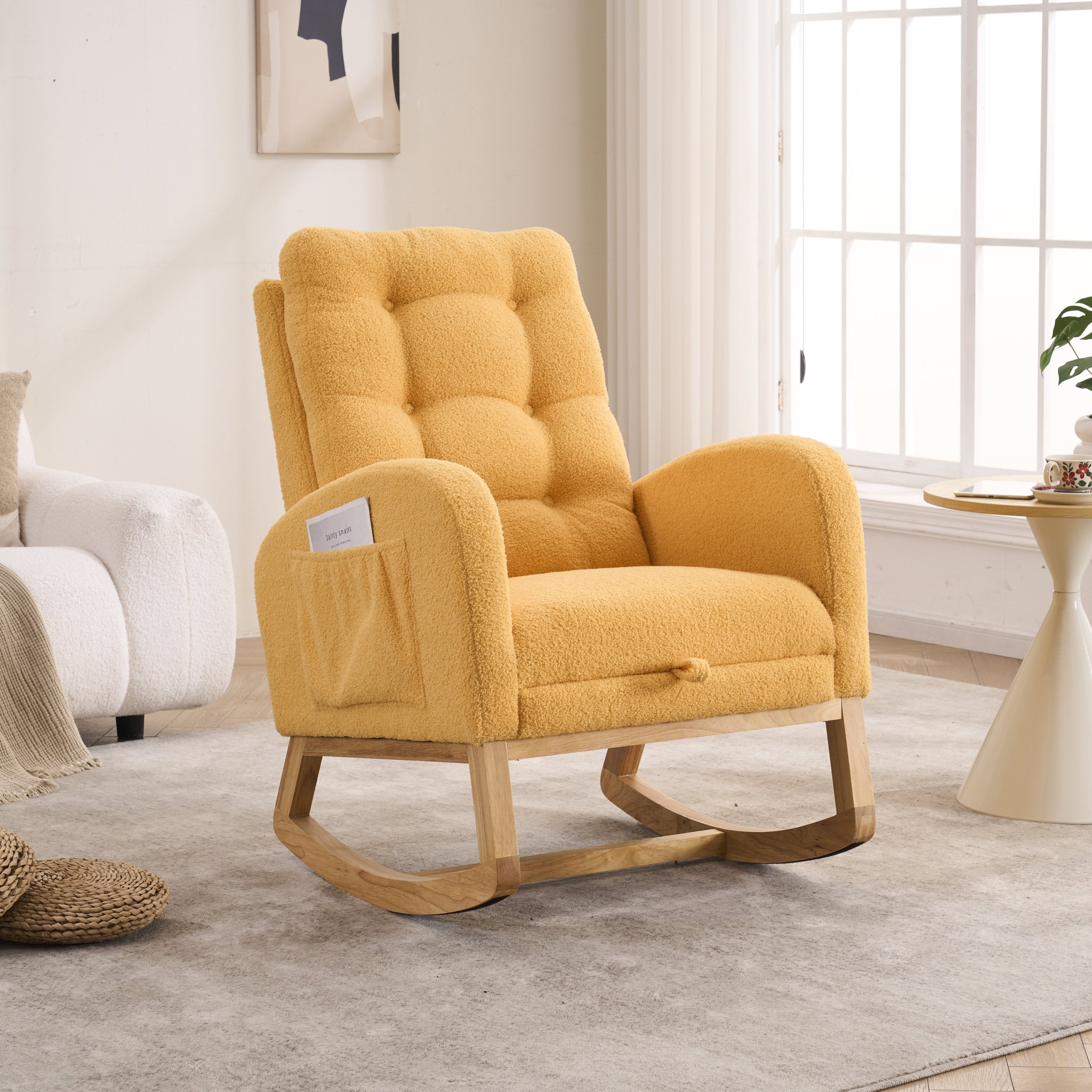 LY-5104 Yellow  Accent Rocking  Chair with  Footrest High Back Rubber Wood Rocking Legs Bedroom Living Space   26.77D X 38.36W X 39.76H Inch