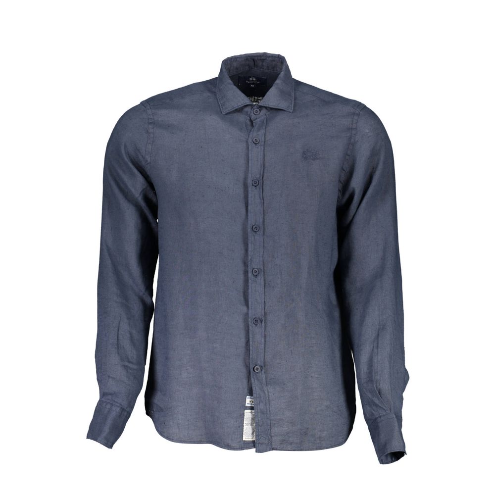 La Martina Blue Linen Men Shirt-La Martina-S-Urbanheer