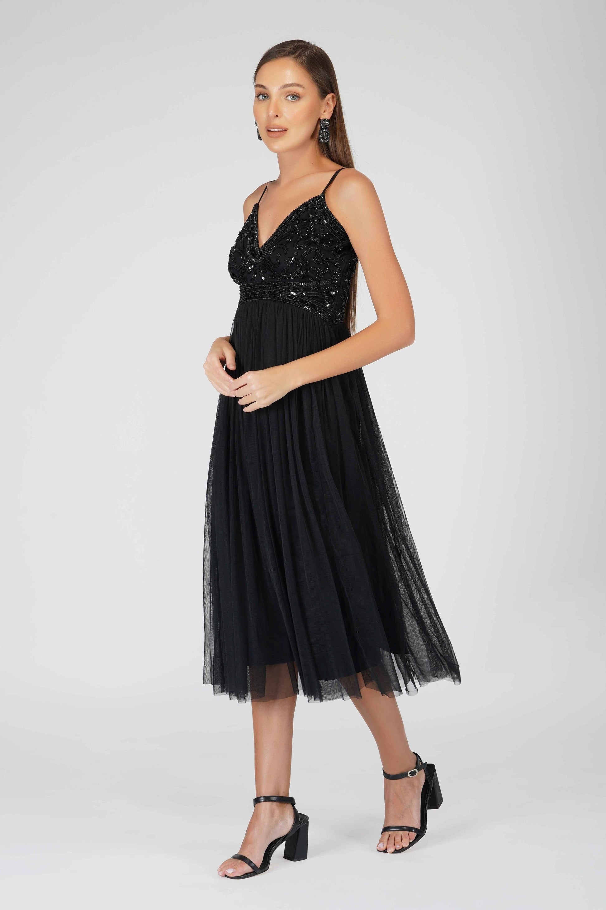 Lace & Beads - Ruhi Embellished Midi Dress in Black-Fashion-Lace & Beads-Black-UK10-Urbanheer