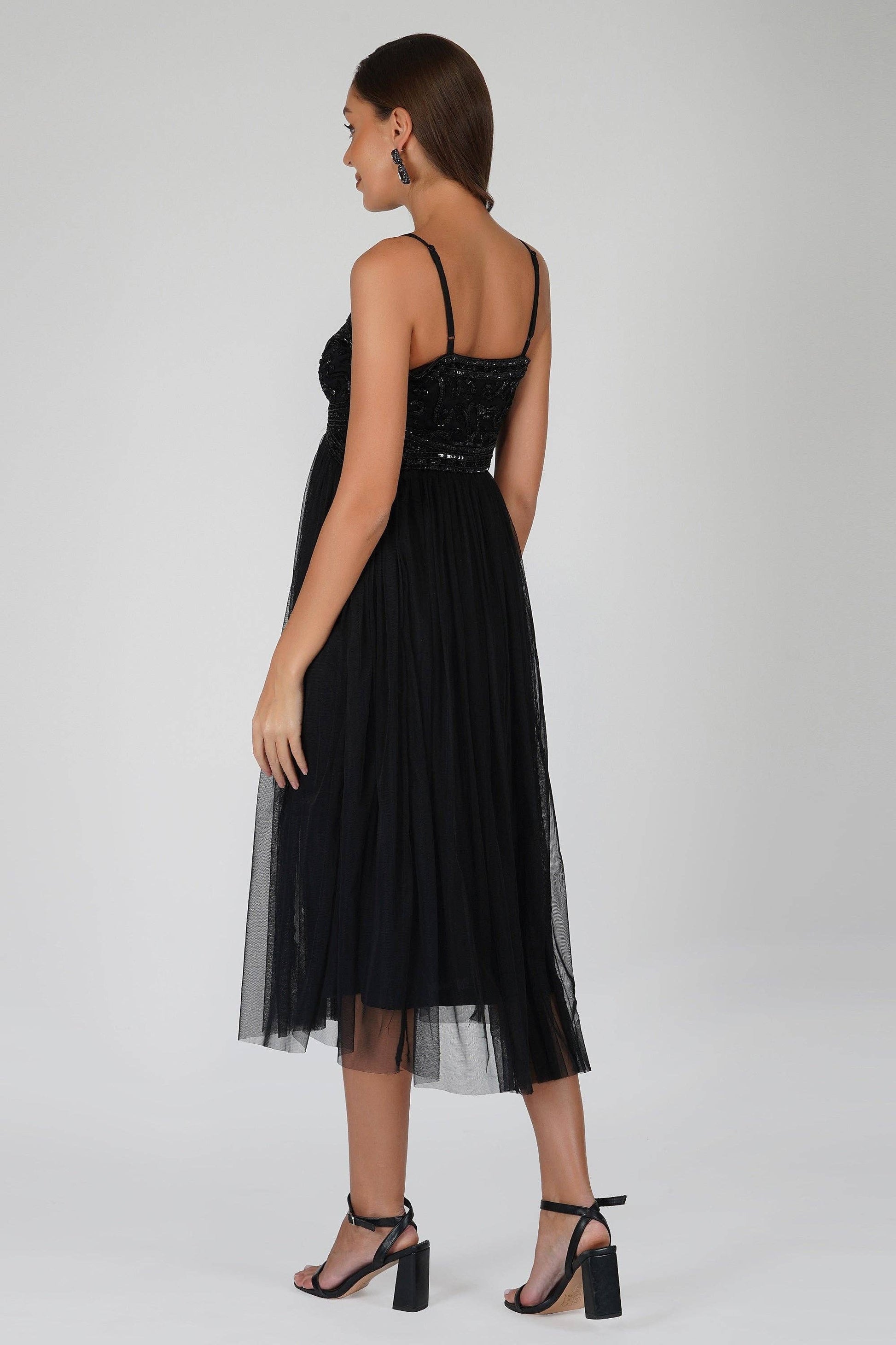 Lace & Beads - Ruhi Embellished Midi Dress in Black-Fashion-Lace & Beads-Black-UK10-Urbanheer