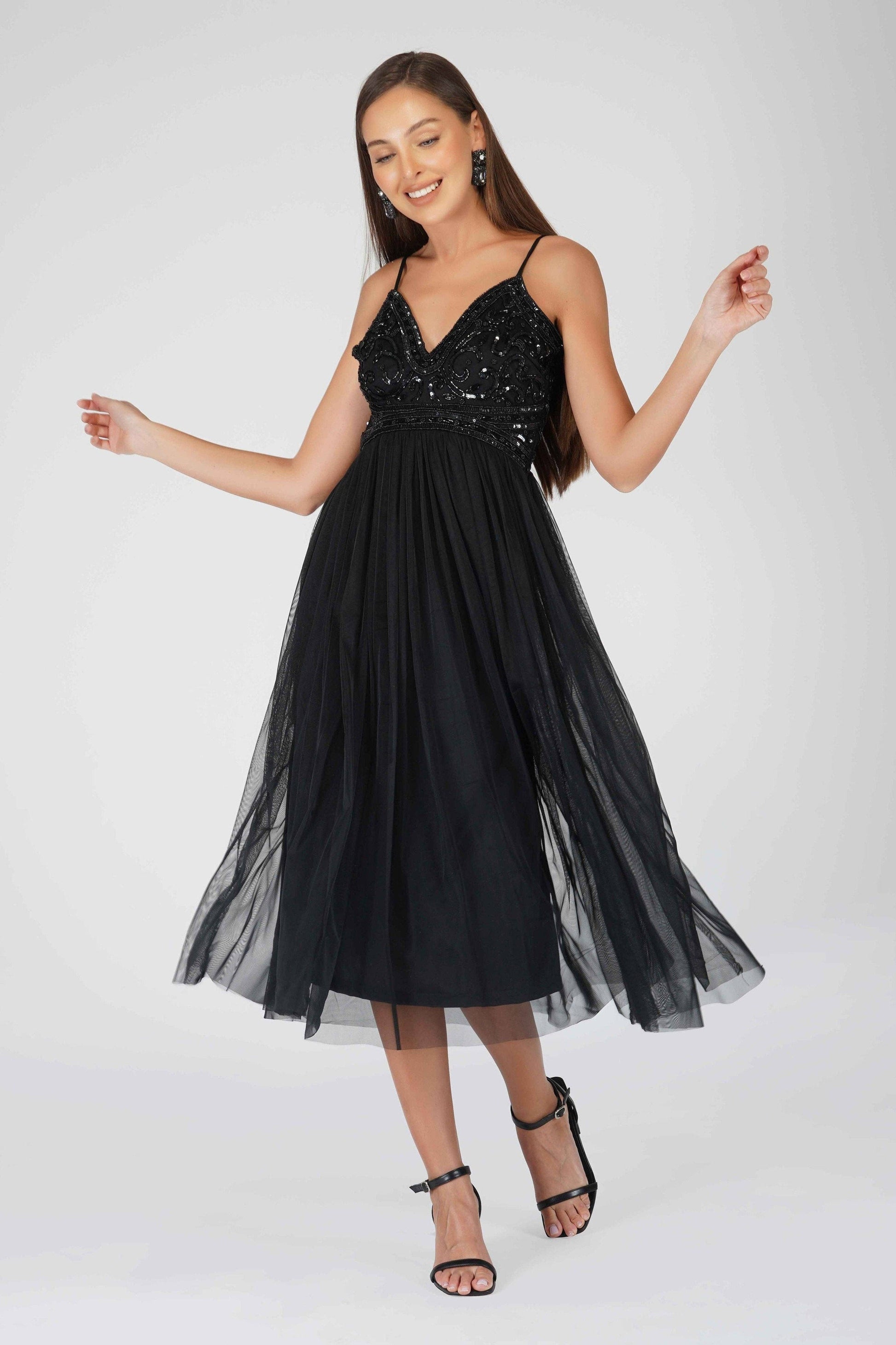 Lace & Beads - Ruhi Embellished Midi Dress in Black-Fashion-Lace & Beads-Black-UK10-Urbanheer