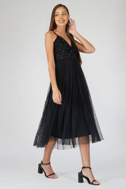 Lace & Beads - Ruhi Embellished Midi Dress in Black-Fashion-Lace & Beads-Black-UK10-Urbanheer