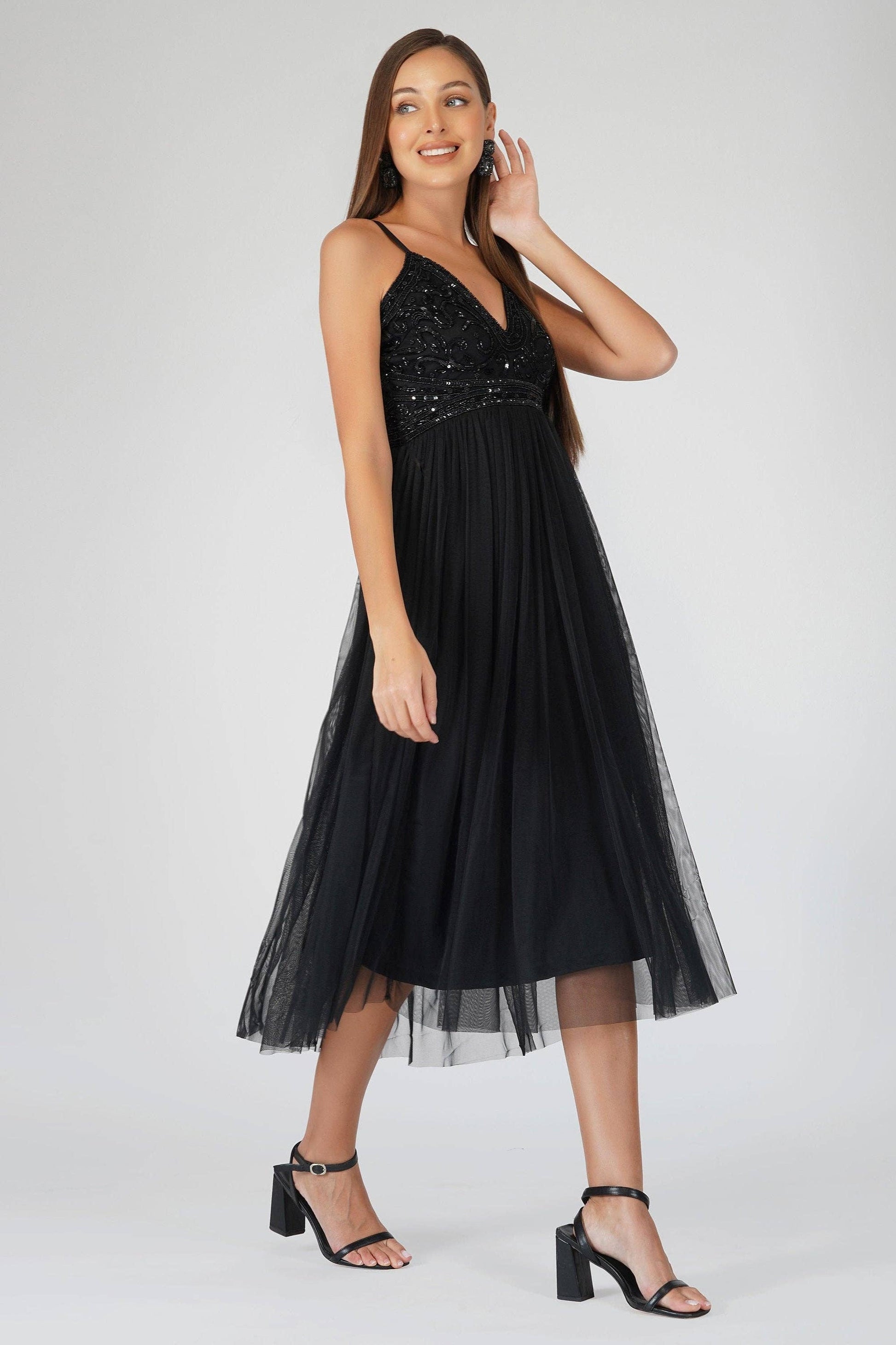 Lace & Beads - Ruhi Embellished Midi Dress in Black-Fashion-Lace & Beads-Black-UK10-Urbanheer