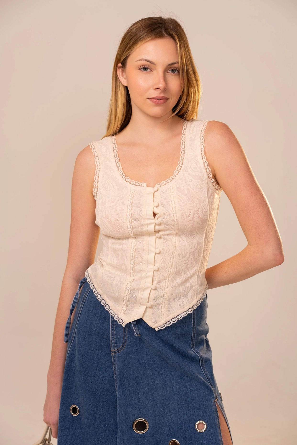 Lace Button Front Corset Top