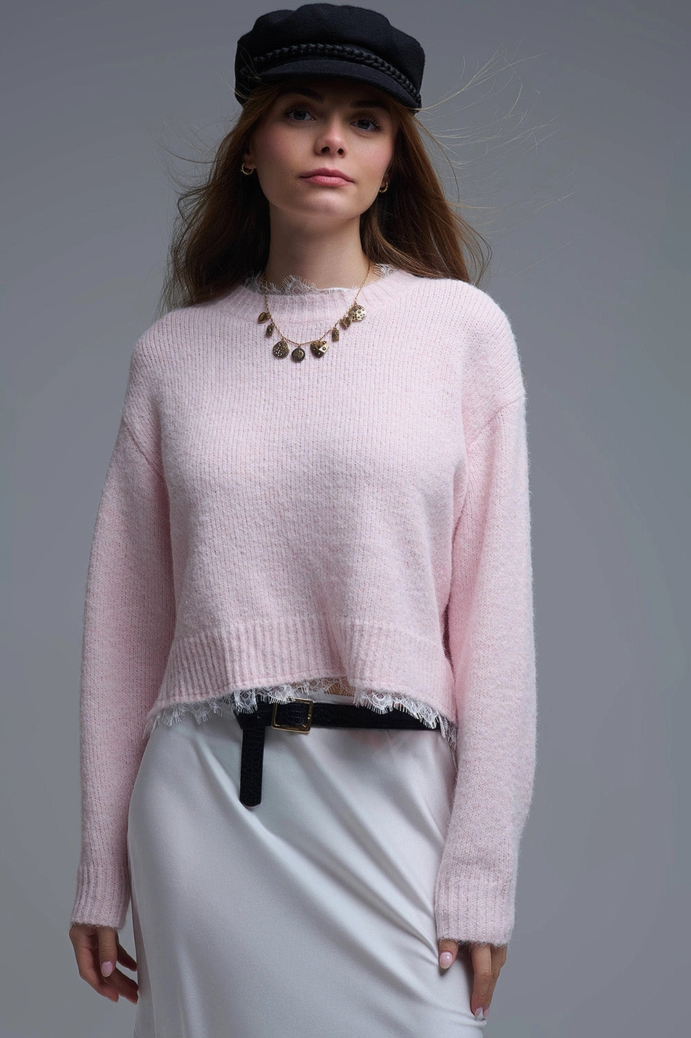 Lace Detail Relaxed Pink Sweater