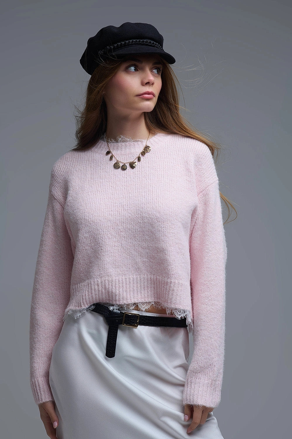 Lace Detail Relaxed Pink Sweater
