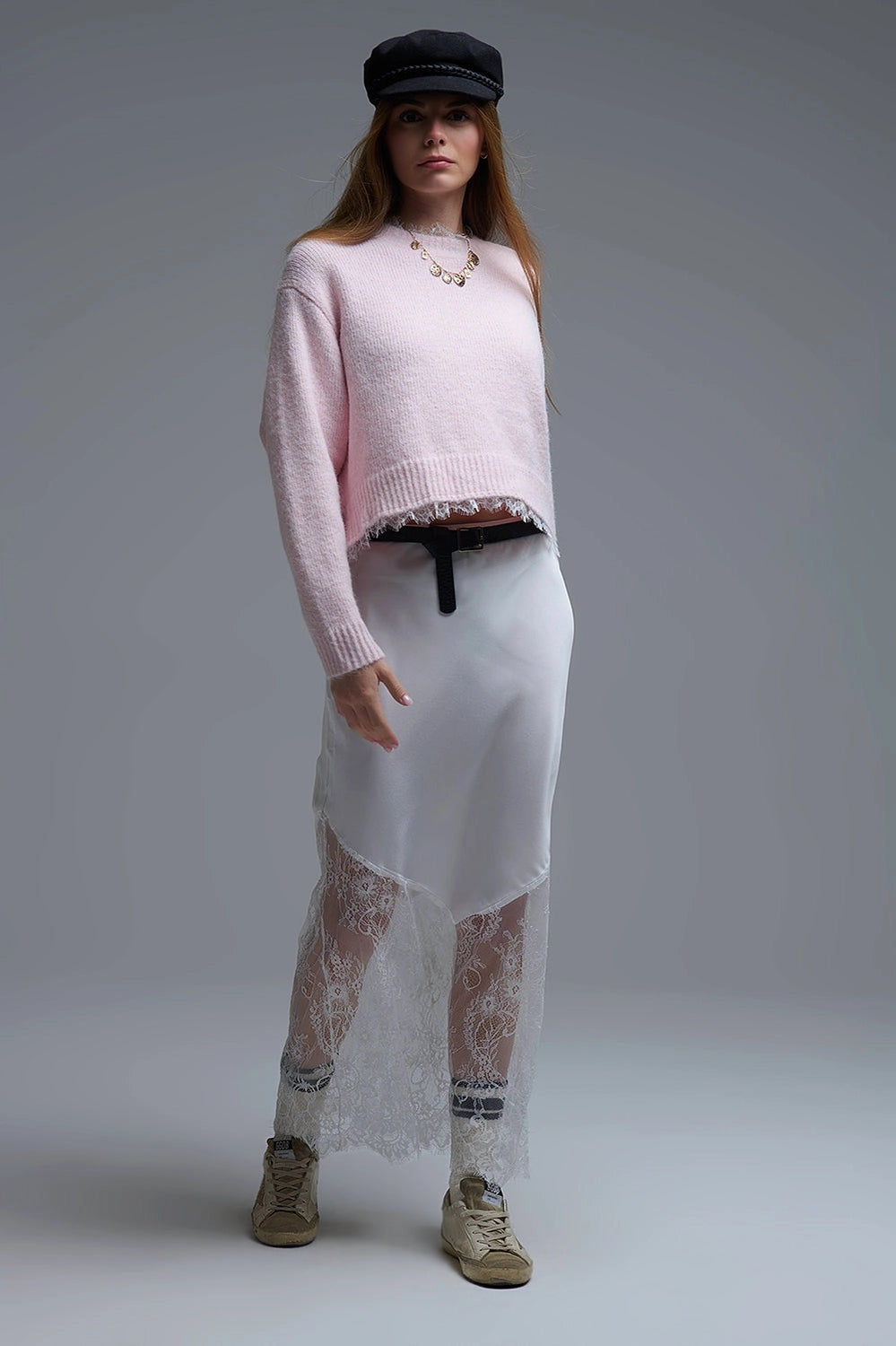 Lace Detail Relaxed Pink Sweater