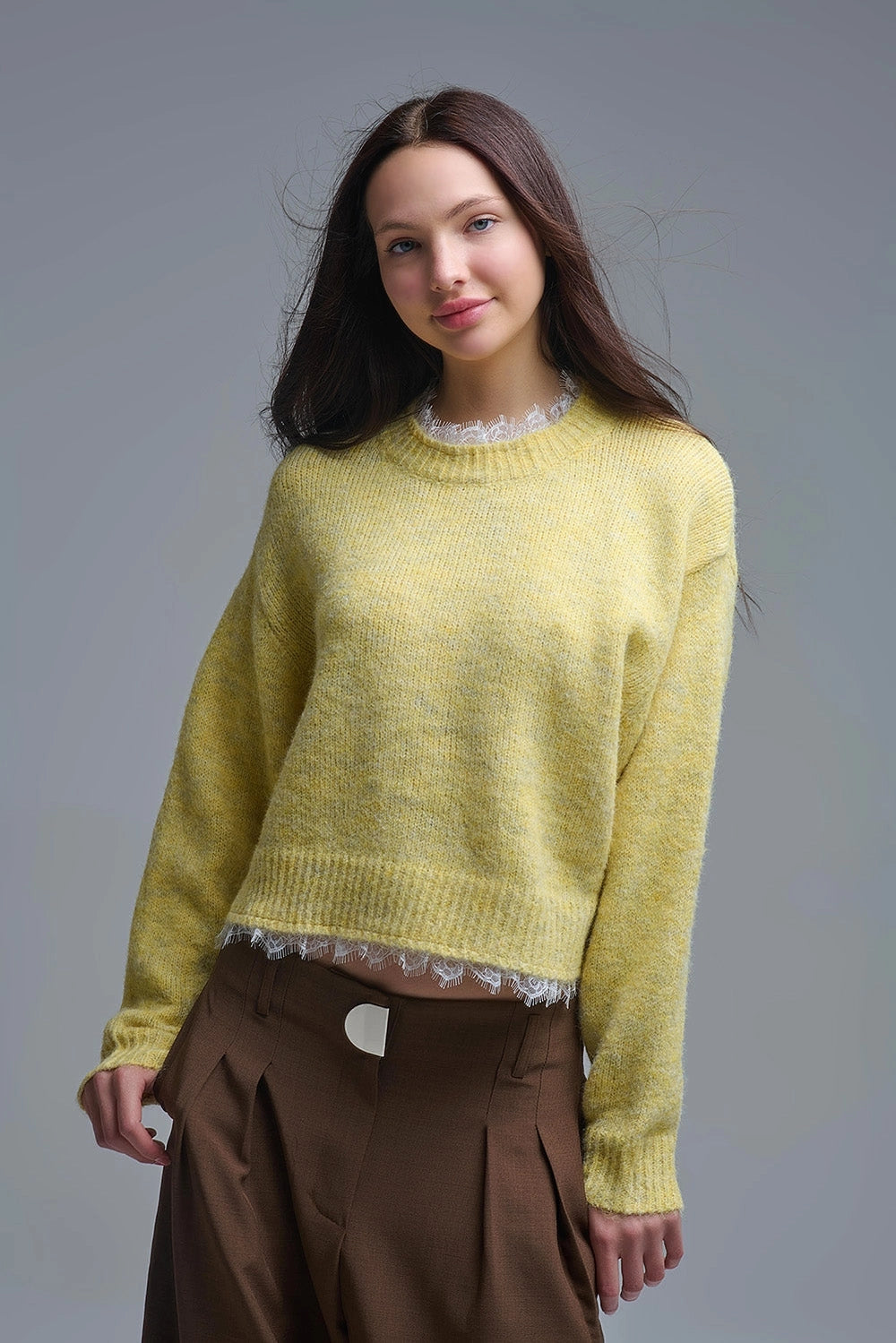Lace Detail Relaxed Yellow Sweater