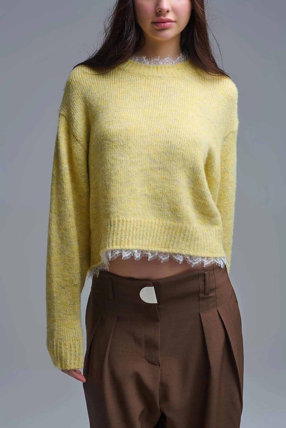 Lace Detail Relaxed Yellow Sweater