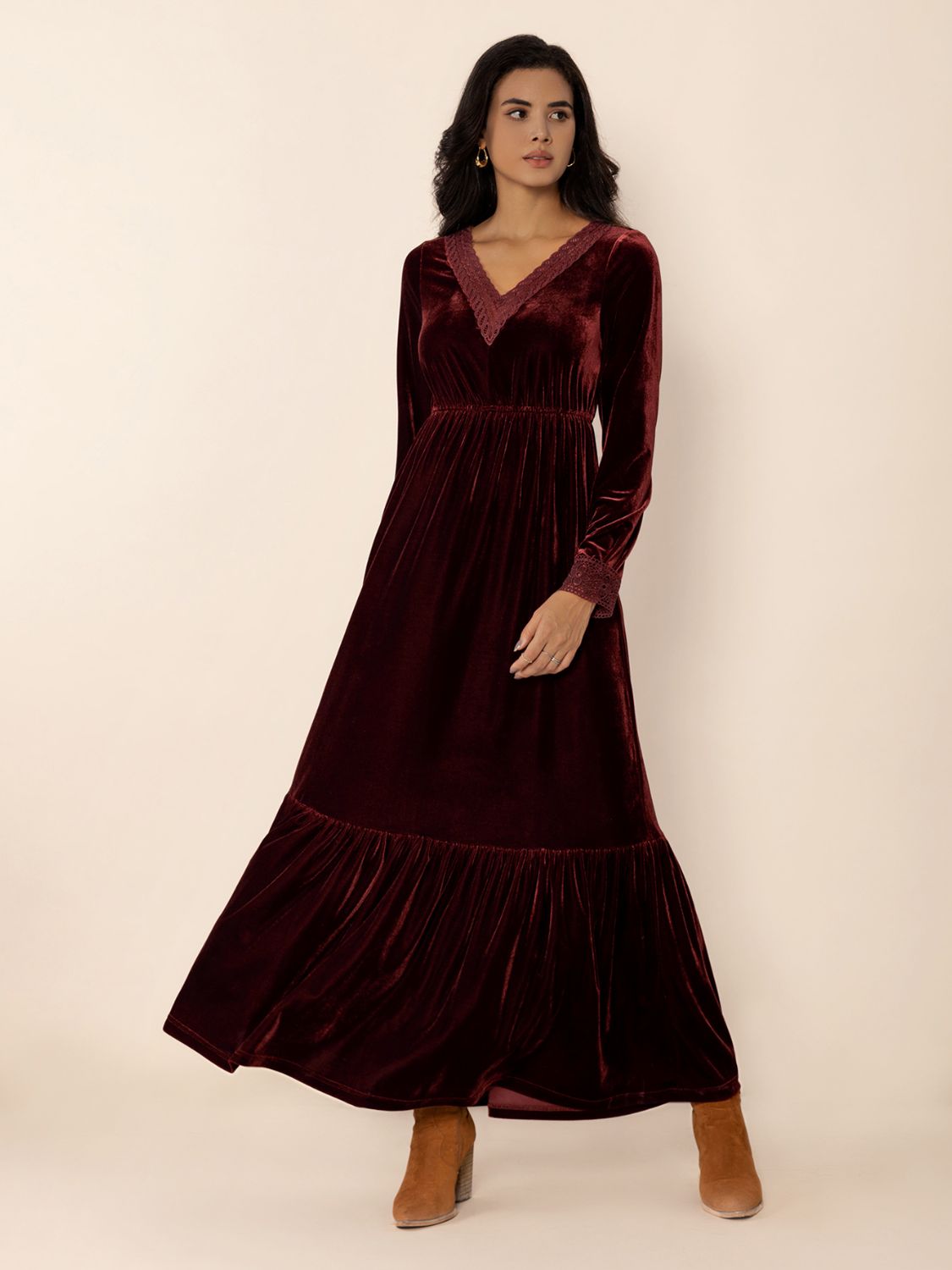 Lace Detail V-Neck Long Sleeve Dress-Street 360-Burgundy-S-Urbanheer