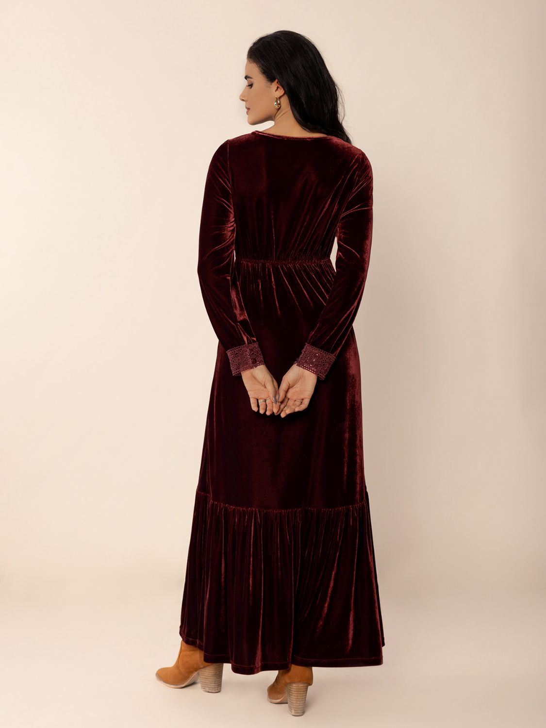 Lace Detail V-Neck Long Sleeve Dress-Street 360-Burgundy-S-Urbanheer