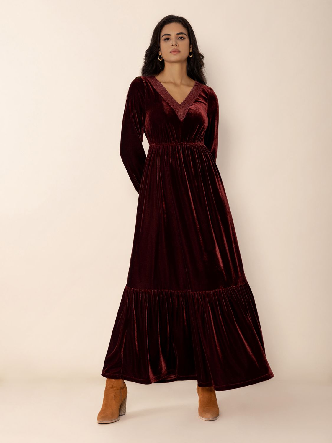 Lace Detail V-Neck Long Sleeve Dress-Street 360-Burgundy-S-Urbanheer