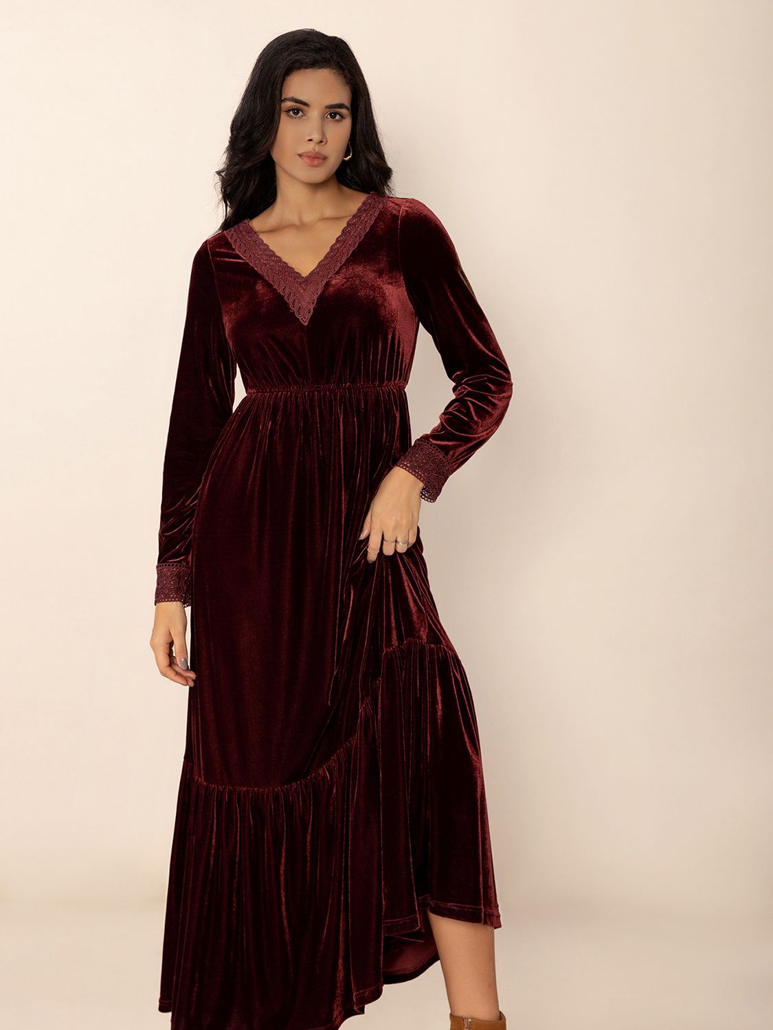 Lace Detail V-Neck Long Sleeve Dress-Street 360-Burgundy-S-Urbanheer