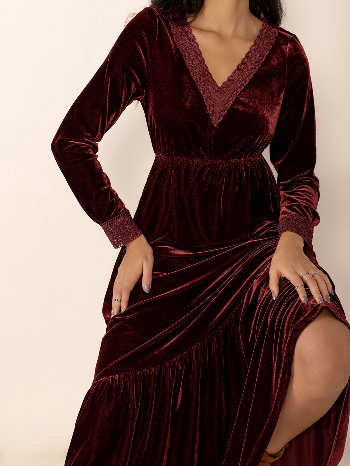 Lace Detail V-Neck Long Sleeve Dress-Street 360-Burgundy-S-Urbanheer