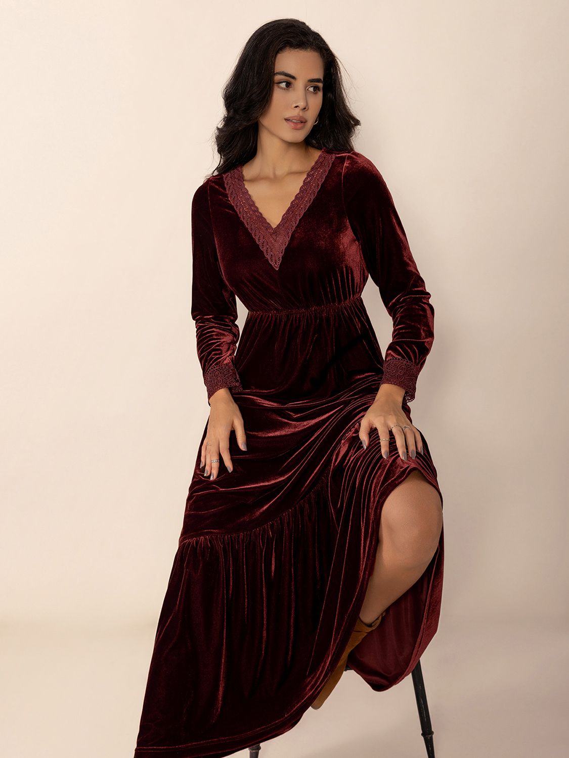 Lace Detail V-Neck Long Sleeve Dress-Street 360-Burgundy-S-Urbanheer