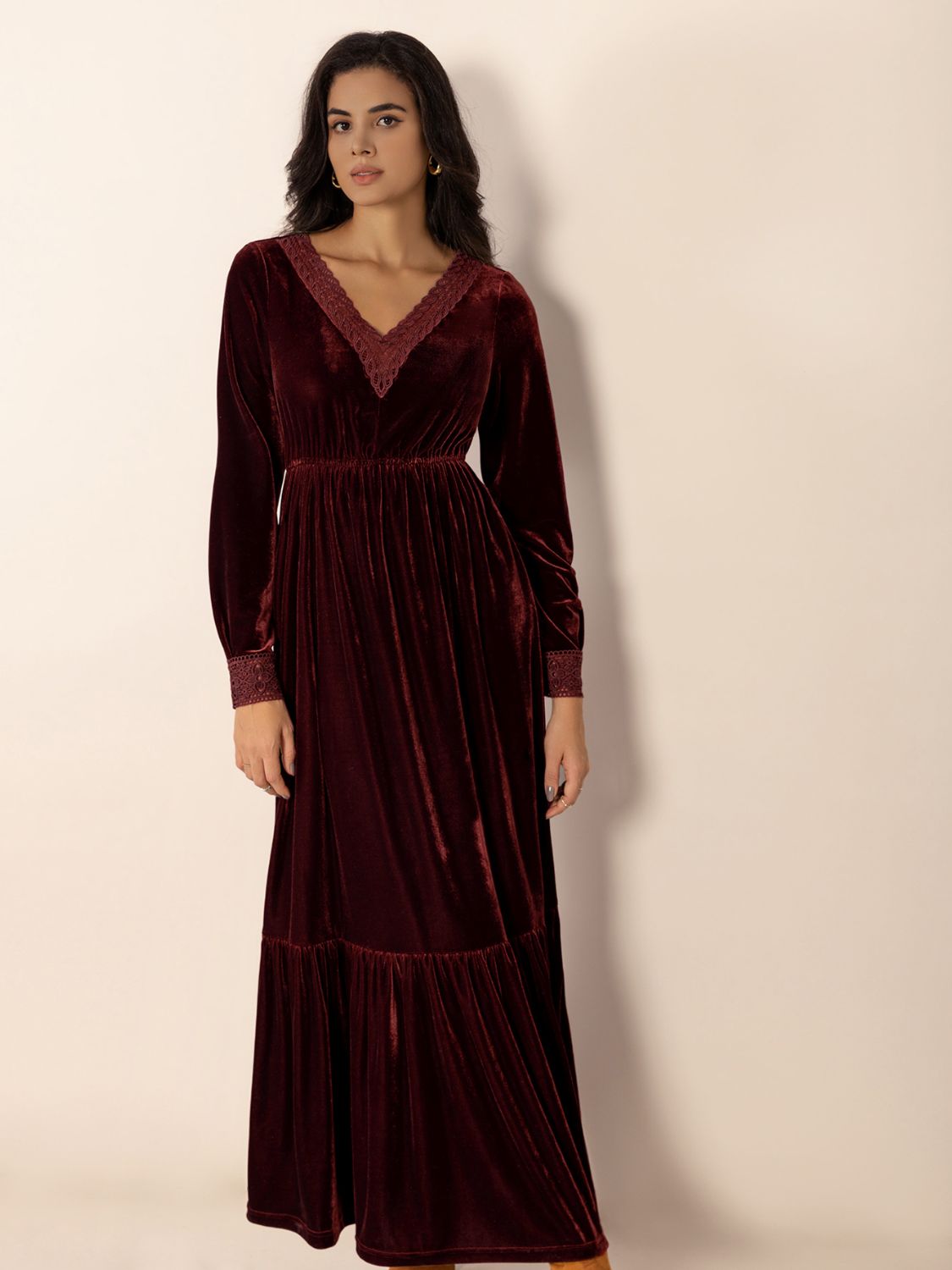 Lace Detail V-Neck Long Sleeve Dress-Street 360-Burgundy-S-Urbanheer