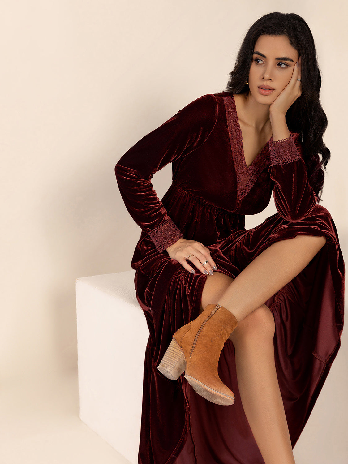 Lace Detail V-Neck Long Sleeve Dress-Street 360-Burgundy-S-Urbanheer