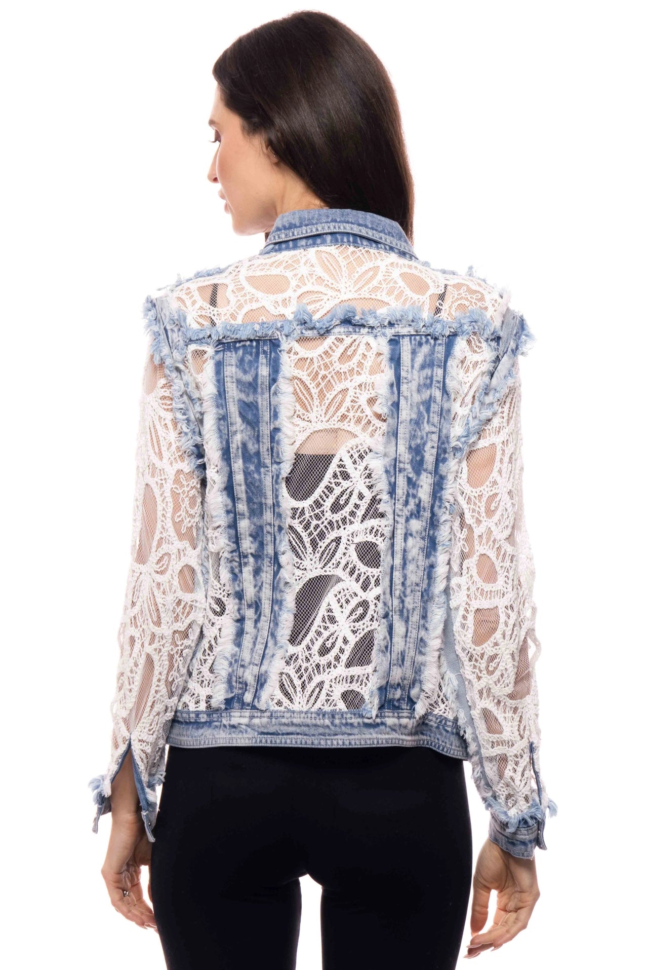 Lace Insert Distressed Denim Jacket