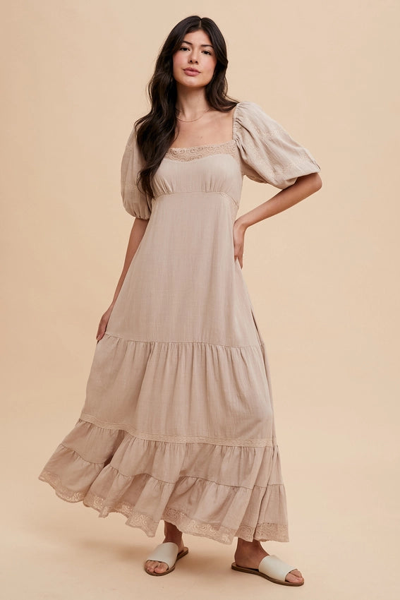 Lace Inset Maxi Dress-Dress-In Loom-S-LINEN-Urbanheer