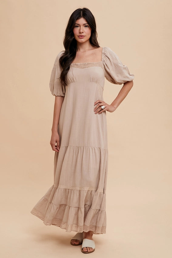 Lace Inset Maxi Dress-Dress-In Loom-S-LINEN-Urbanheer