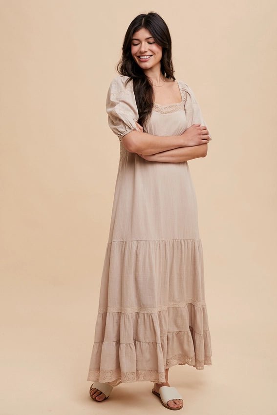 Lace Inset Maxi Dress-Dress-In Loom-S-LINEN-Urbanheer