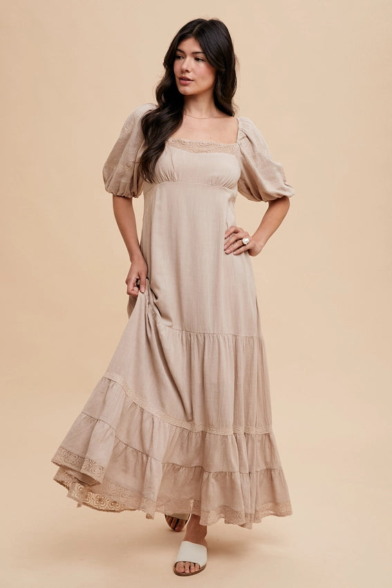 Lace Inset Maxi Dress-Dress-In Loom-S-LINEN-Urbanheer