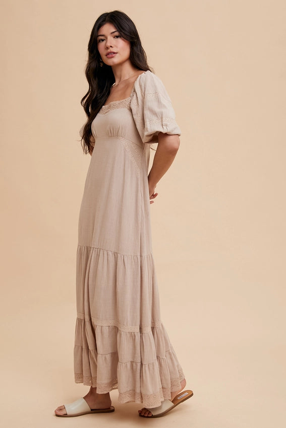 Lace Inset Maxi Dress-Dress-In Loom-S-LINEN-Urbanheer