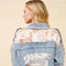Lace Inset Raw Detail Oversized Denim Jacket-Jacket-Blue B-S-LIGHT WASH-Urbanheer
