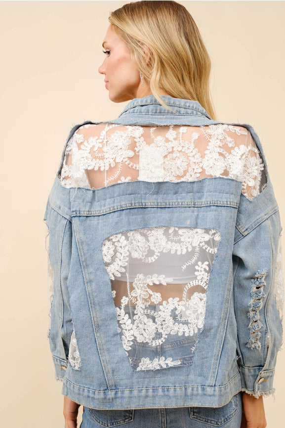 Lace Inset Raw Detail Oversized Denim Jacket-Jacket-Blue B-S-LIGHT WASH-Urbanheer