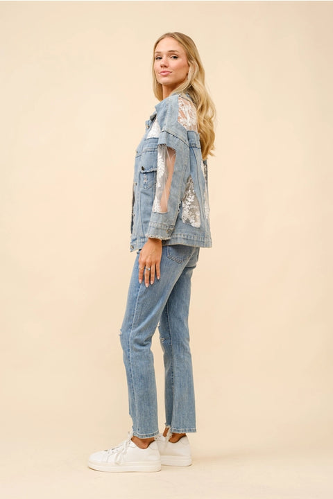 Lace Inset Raw Detail Oversized Denim Jacket-Jacket-Blue B-S-LIGHT WASH-Urbanheer