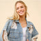 Lace Inset Raw Detail Oversized Denim Jacket-Jacket-Blue B-S-LIGHT WASH-Urbanheer