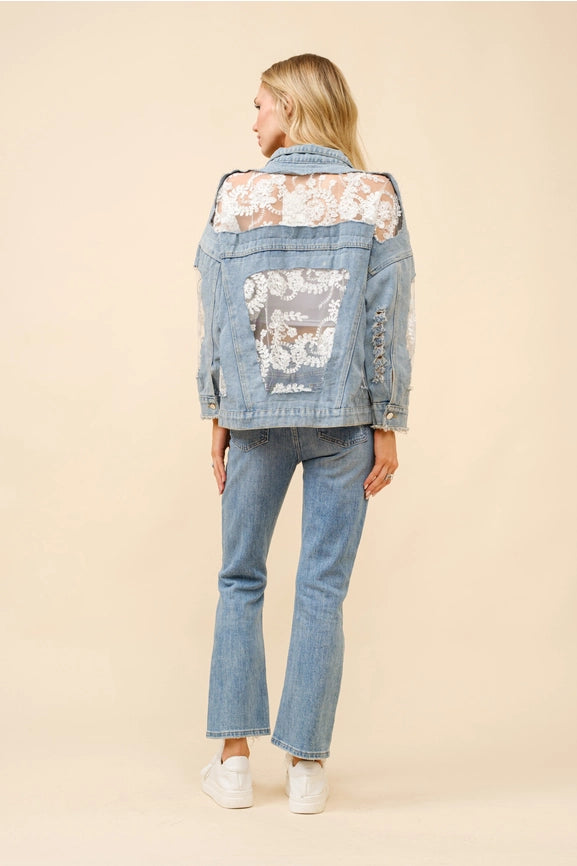 Lace Inset Raw Detail Oversized Denim Jacket-Jacket-Blue B-S-LIGHT WASH-Urbanheer