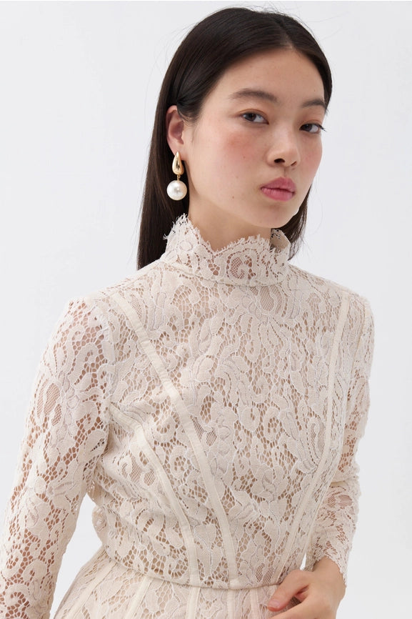 Lace Long Sleeve Minidress-Dress-NOCTURNE-XS-Off-white-Urbanheer