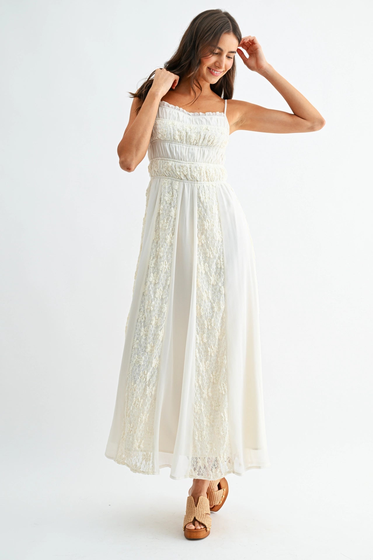 Lace-Panel Maxi Dress with Spaghetti Straps