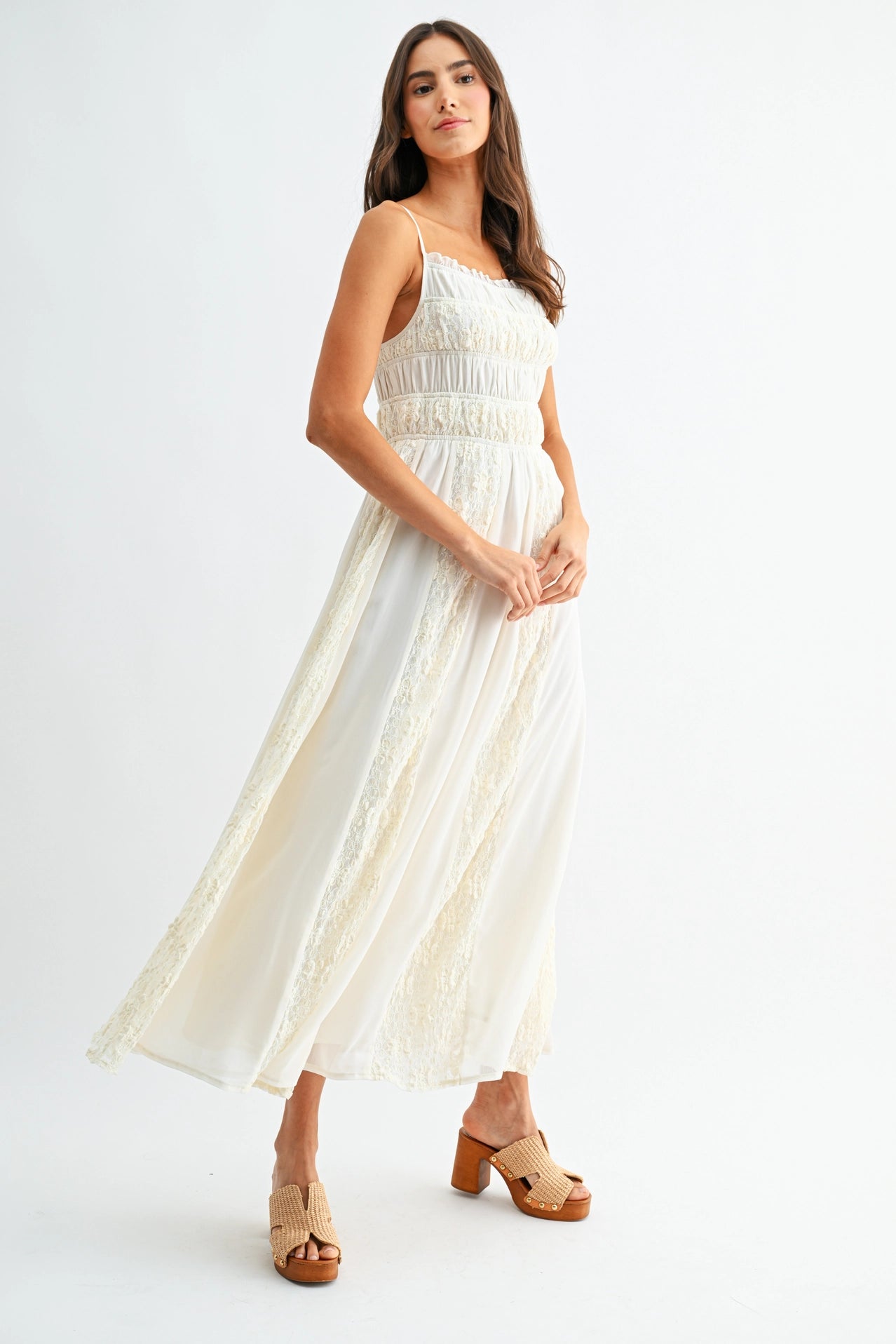 Lace-Panel Maxi Dress with Spaghetti Straps