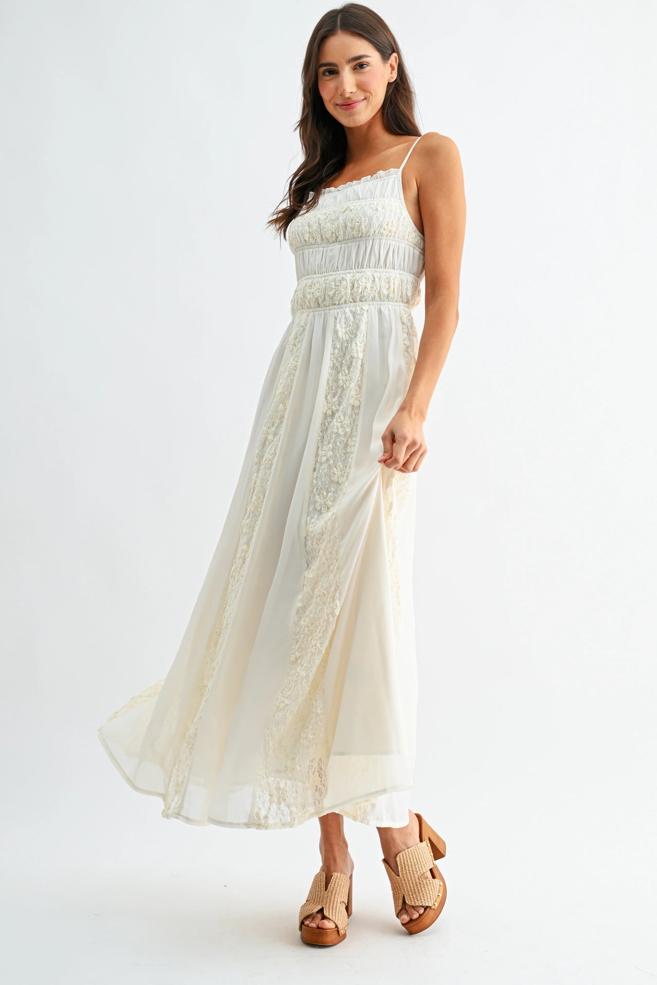 Lace-Panel Maxi Dress with Spaghetti Straps